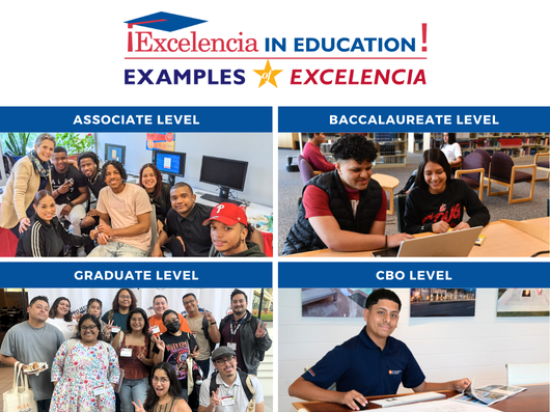 2024 Examples of Excelencia - picture of the 4 selected examples at the associate, baccalaureate, graduate, and CBO level